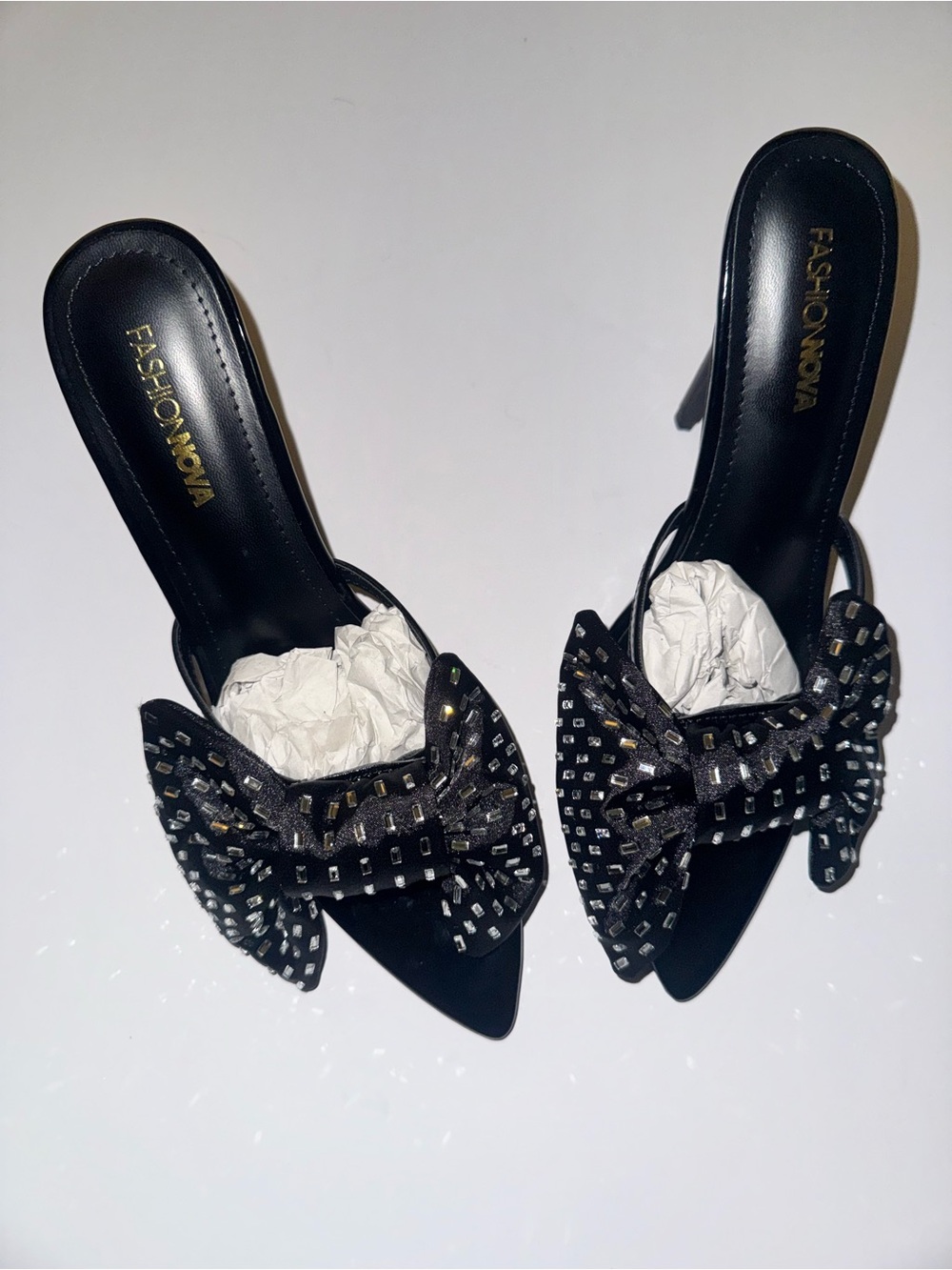Fashion Nova Black Kitten Heel Rhinestone Bow Mules – Size 7.5